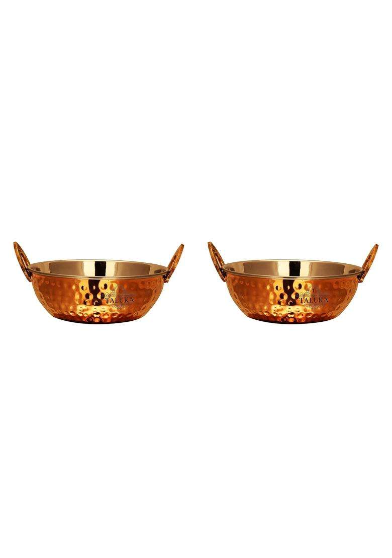 Taluka With T Logo Taluka Copper Stainless Steel Serving Kadhai Bowl Wok Serving Dishes Home | 400 ml | 13.5 fl oz | Pack of 2 - Indya