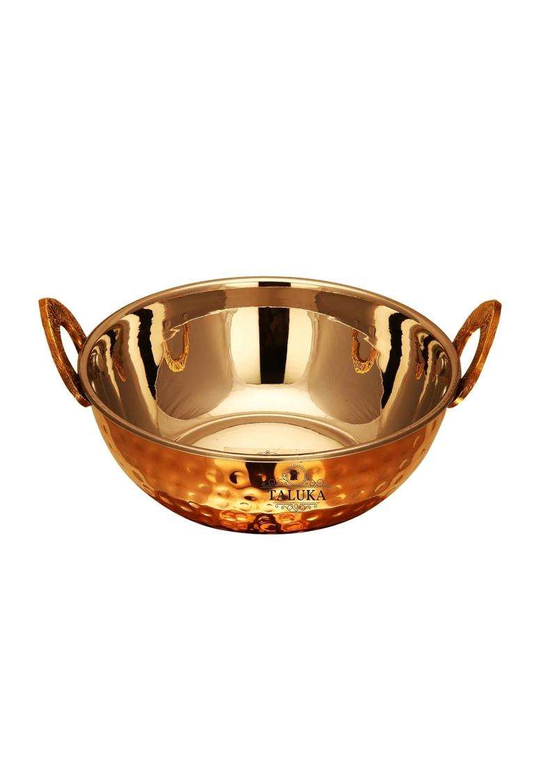 Taluka With T Logo Taluka Copper Stainless Steel Serving Kadhai Bowl Wok Serving Dishes Home | 400 ml | 13.5 fl oz | Pack of 2 - Indya