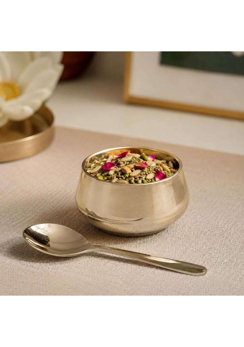 SHIV SHAKTI ARTS Kansa Bronze Bowl with Dessert Spoon | 100 ml | 3.4 fl oz | 7 cm | 2.8 Inch - Indya