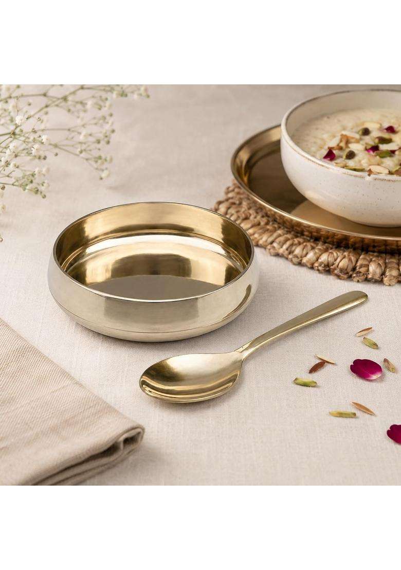 SHIV SHAKTI ARTS Kansa Bronze Pudding Bowl with Dessert Spoon | 150 ml | 5.1 fl oz | 10 cm | 3.9 Inch - Indya