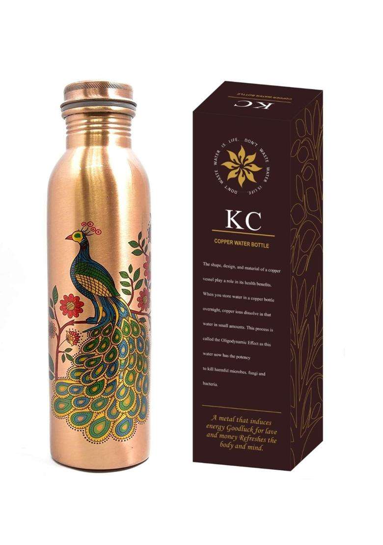 KC Pure Copper Peacock Designer Water Bottle with Advanced Leak Proof Protection | 1000 ml | 33.8 fl oz - Indya