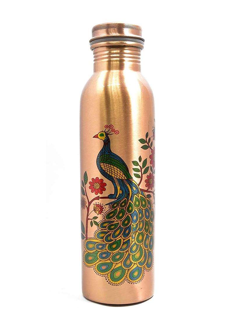 KC Pure Copper Peacock Designer Water Bottle with Advanced Leak Proof Protection | 1000 ml | 33.8 fl oz - Indya