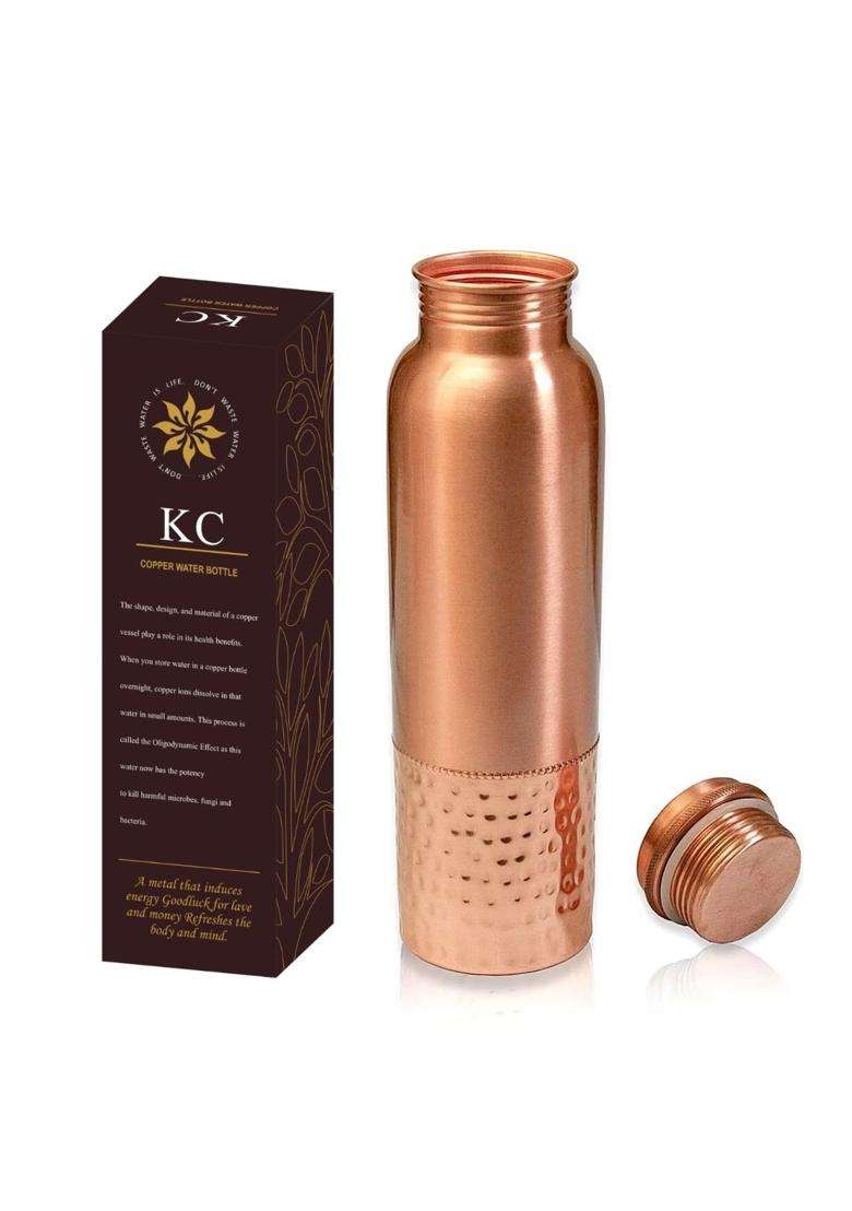 KC Pure Copper Water Bottle with Leak Proof Protection | 1000 ml | 33.8 fl oz | Hammered Finish - Indya