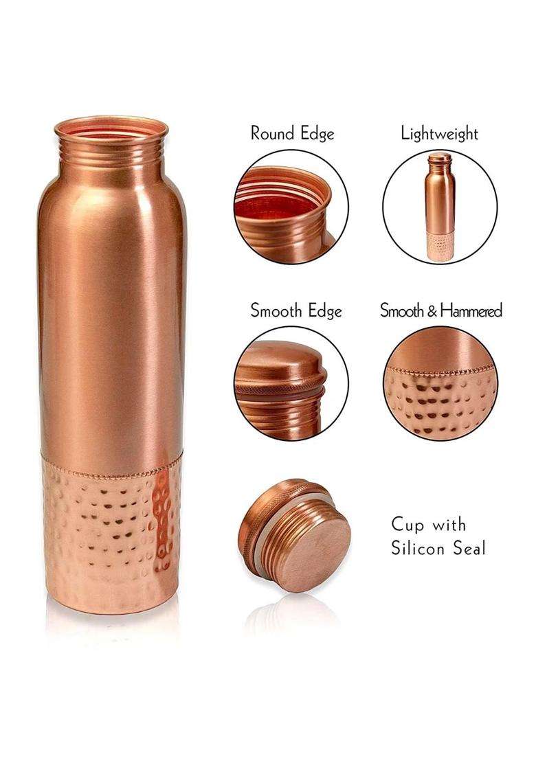 KC Pure Copper Water Bottle with Leak Proof Protection | 1000 ml | 33.8 fl oz | Hammered Finish - Indya