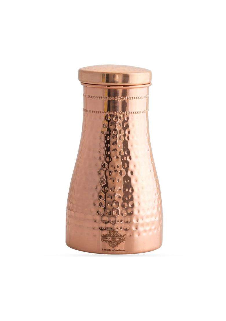 INDIAN ART VILLA Pure Copper Bedroom Water Bottle with Inbuilt Glass | 1 L | 1.1 Qt | Hammered Finish - Indya