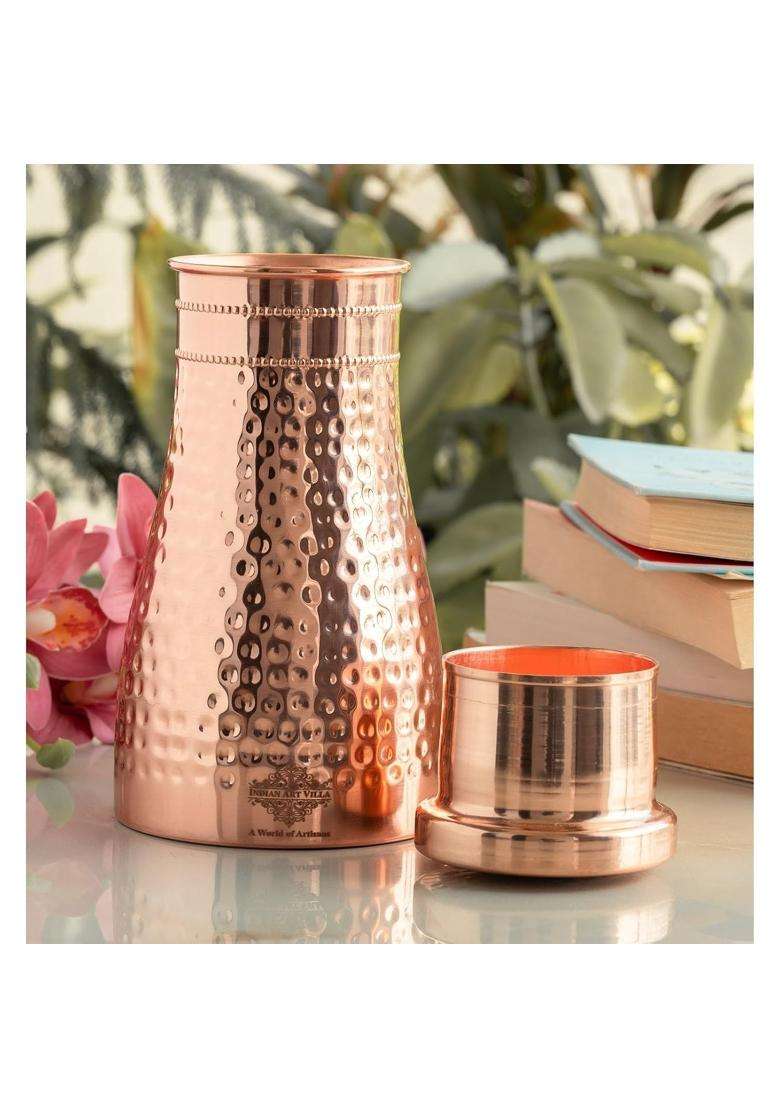 INDIAN ART VILLA Pure Copper Bedroom Water Bottle with Inbuilt Glass | 1 L | 1.1 Qt | Hammered Finish - Indya