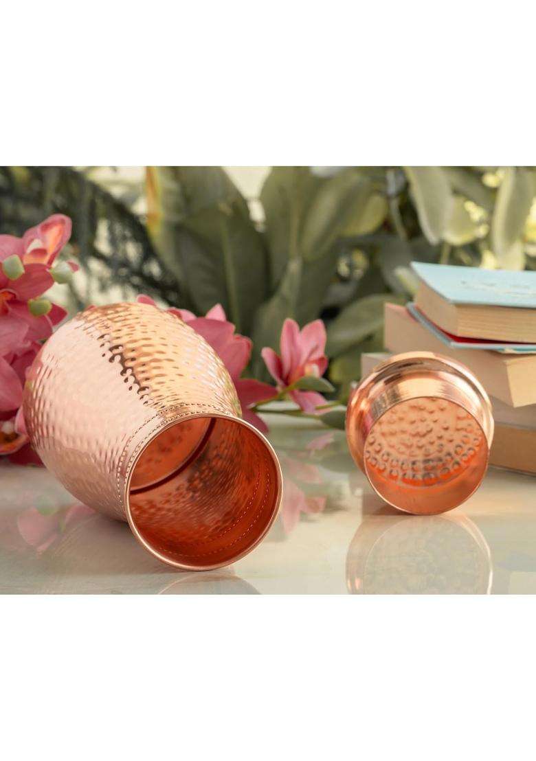 INDIAN ART VILLA Pure Copper Bedroom Water Bottle with Inbuilt Glass | 1 L | 1.1 Qt | Hammered Finish - Indya