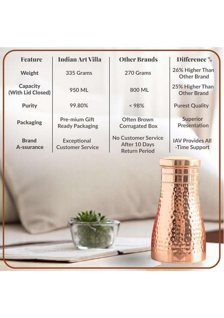 INDIAN ART VILLA Pure Copper Bedroom Water Bottle with Inbuilt Glass | 1 L | 1.1 Qt | Hammered Finish - Indya