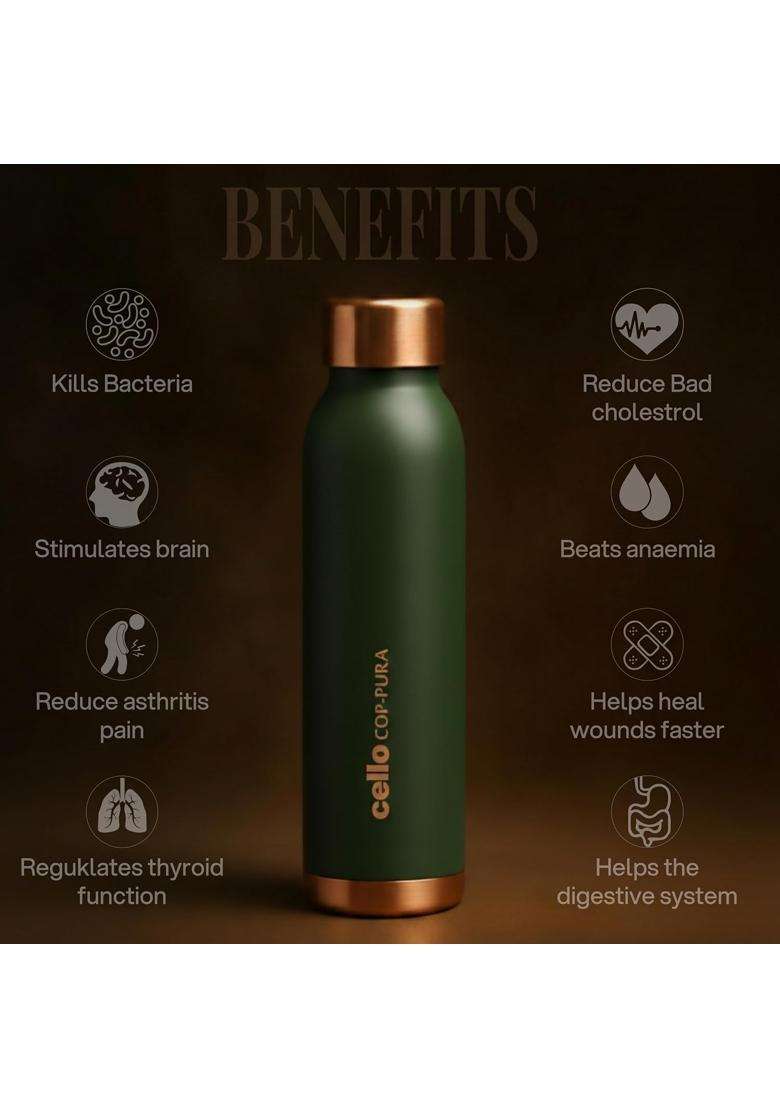 CELLO Evita Copper Water Bottle for Daily and Office Use | 1 L | 1.1 Qt | Leak Proof | Rust Resistant - Indya