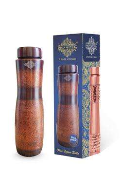 INDIAN ART VILLA Antique Dark Finish Dark Embossed Copper Water Bottle in Champion Design | 1000 ml | 33.8 fl oz
