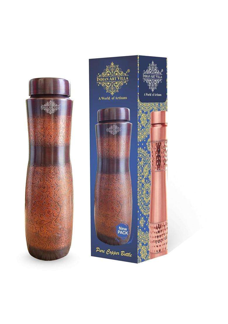 INDIAN ART VILLA Antique Dark Finish Dark Embossed Copper Water Bottle in Champion Design | 1000 ml | 33.8 fl oz - Indya