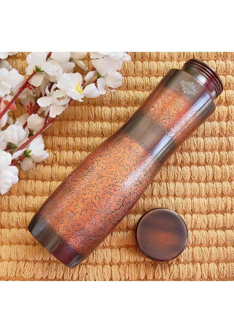 INDIAN ART VILLA Antique Dark Finish Dark Embossed Copper Water Bottle in Champion Design | 1000 ml | 33.8 fl oz - Indya