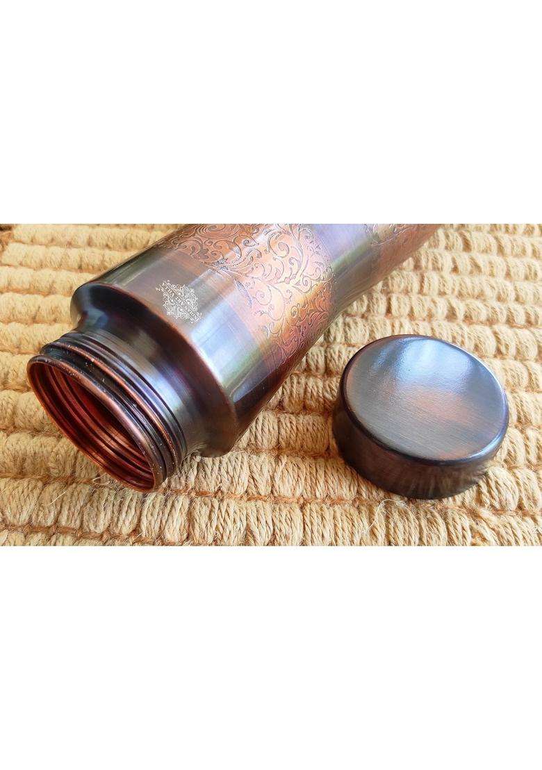INDIAN ART VILLA Antique Dark Finish Dark Embossed Copper Water Bottle in Champion Design | 1000 ml | 33.8 fl oz - Indya