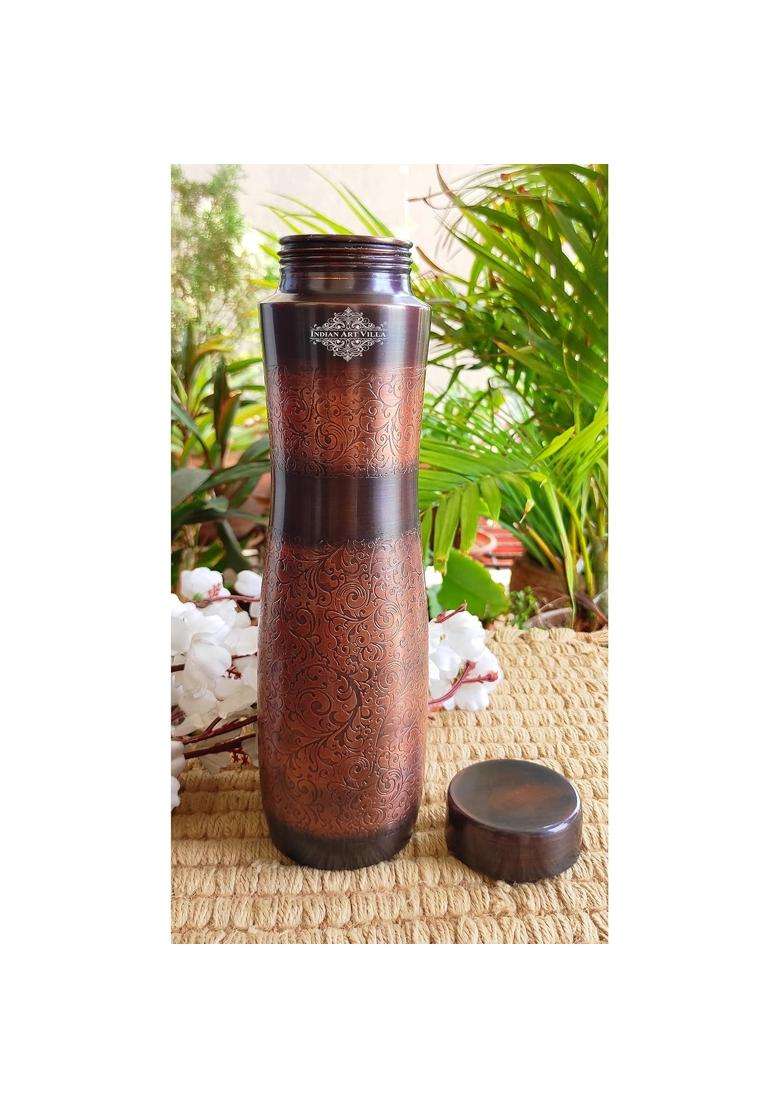 INDIAN ART VILLA Antique Dark Finish Dark Embossed Copper Water Bottle in Champion Design | 1000 ml | 33.8 fl oz - Indya
