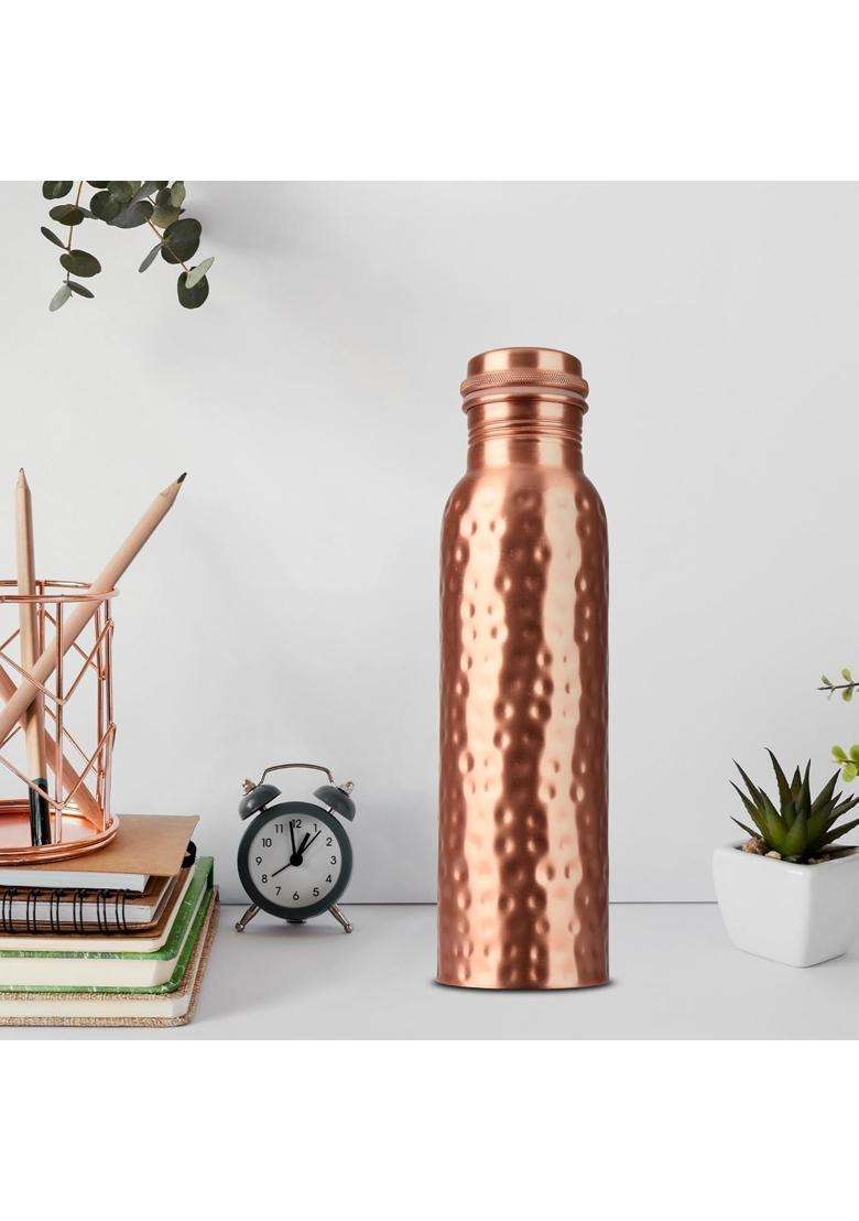 KC Pure Copper Designer Water Bottle with Leak Proof Protection | 1000 ml | 33.8 fl oz | Hammered Finish - Indya