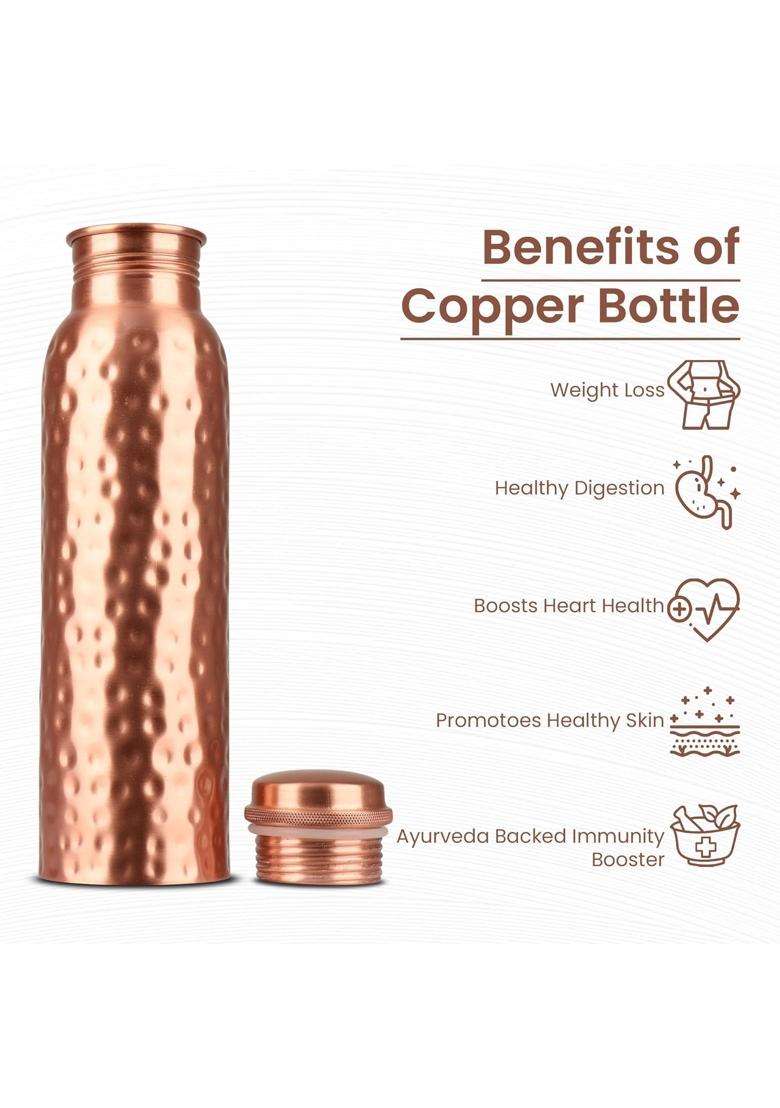 KC Pure Copper Designer Water Bottle with Leak Proof Protection | 1000 ml | 33.8 fl oz | Hammered Finish - Indya