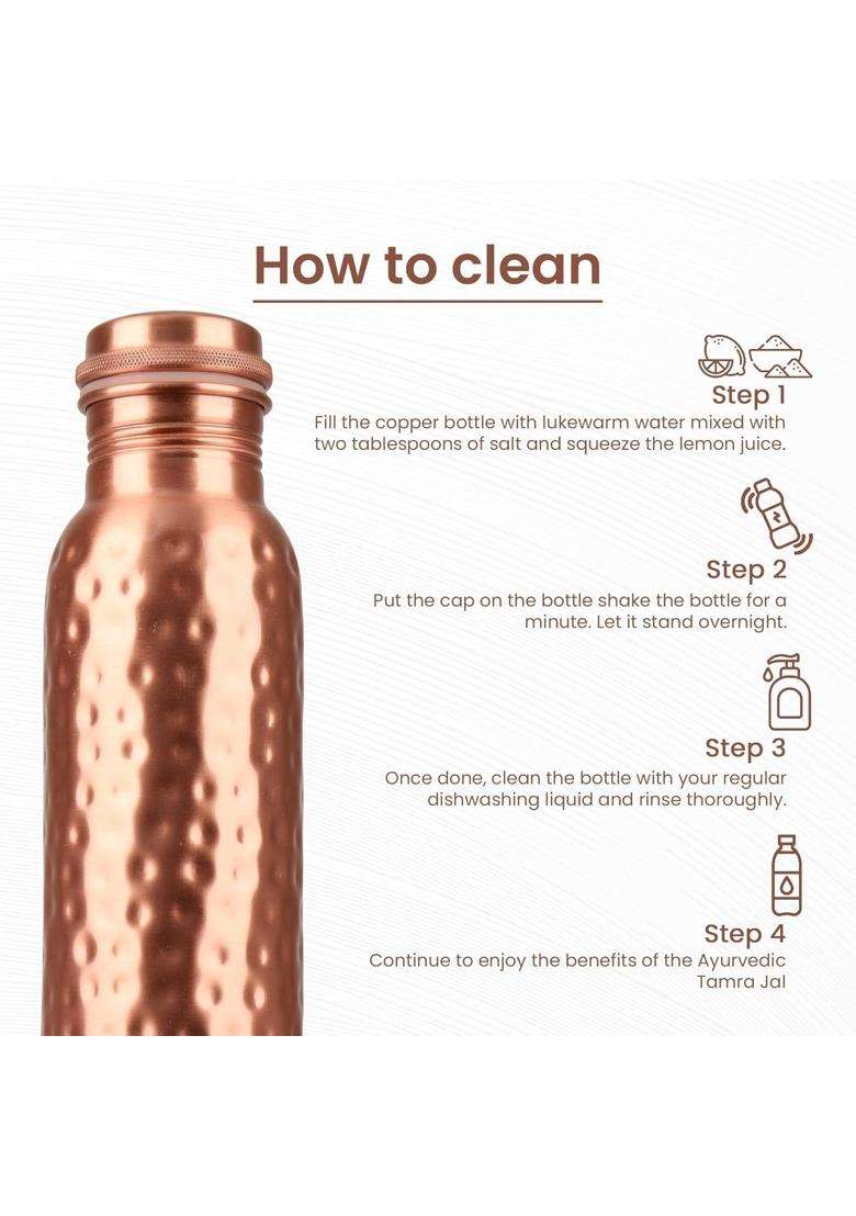 KC Pure Copper Designer Water Bottle with Leak Proof Protection | 1000 ml | 33.8 fl oz | Hammered Finish - Indya