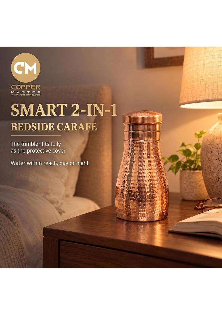 Copper-Master Modern and Traditional Bedside Bedroom Copper Water Bottle Jar with Pure Copper | 1 L | 1.1 Qt - Indya