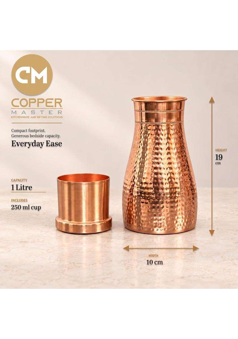 Copper-Master Modern and Traditional Bedside Bedroom Copper Water Bottle Jar with Pure Copper | 1 L | 1.1 Qt - Indya
