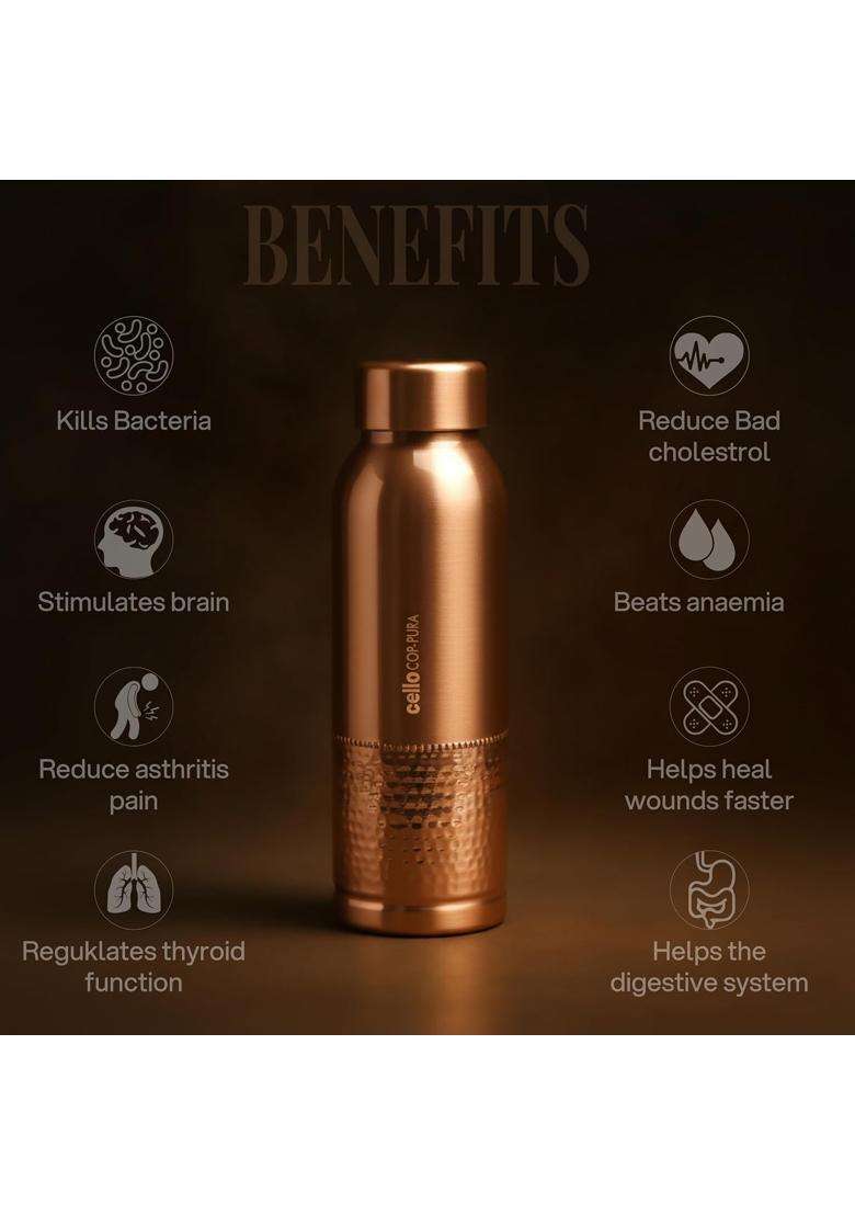 CELLO Megha Copper Water Bottle for Daily and Office Use | 1000 ml | 33.8 fl oz | Leak Proof | Rust Resistant - Indya