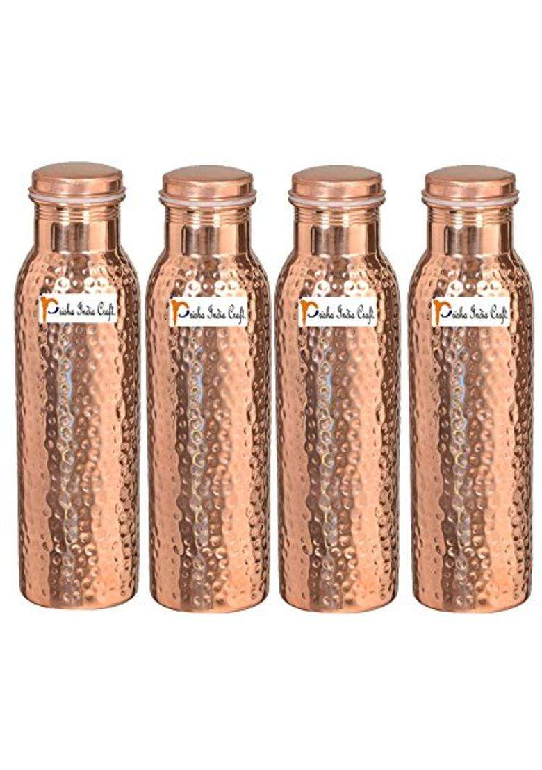 Prisha India Craft Hammered Design Copper Water Bottle | 1000 ml | 33.8 fl oz | 4-Piece Set - Indya