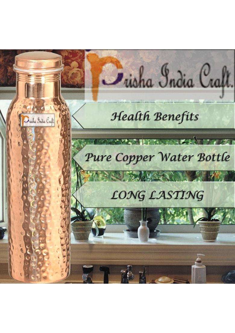 Prisha India Craft Hammered Design Copper Water Bottle | 1000 ml | 33.8 fl oz | 4-Piece Set - Indya