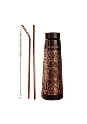 Artarium Antique Etched Copper Water Bottle with Straw Set | 1 L | 1.1 Qt | Leak Proof