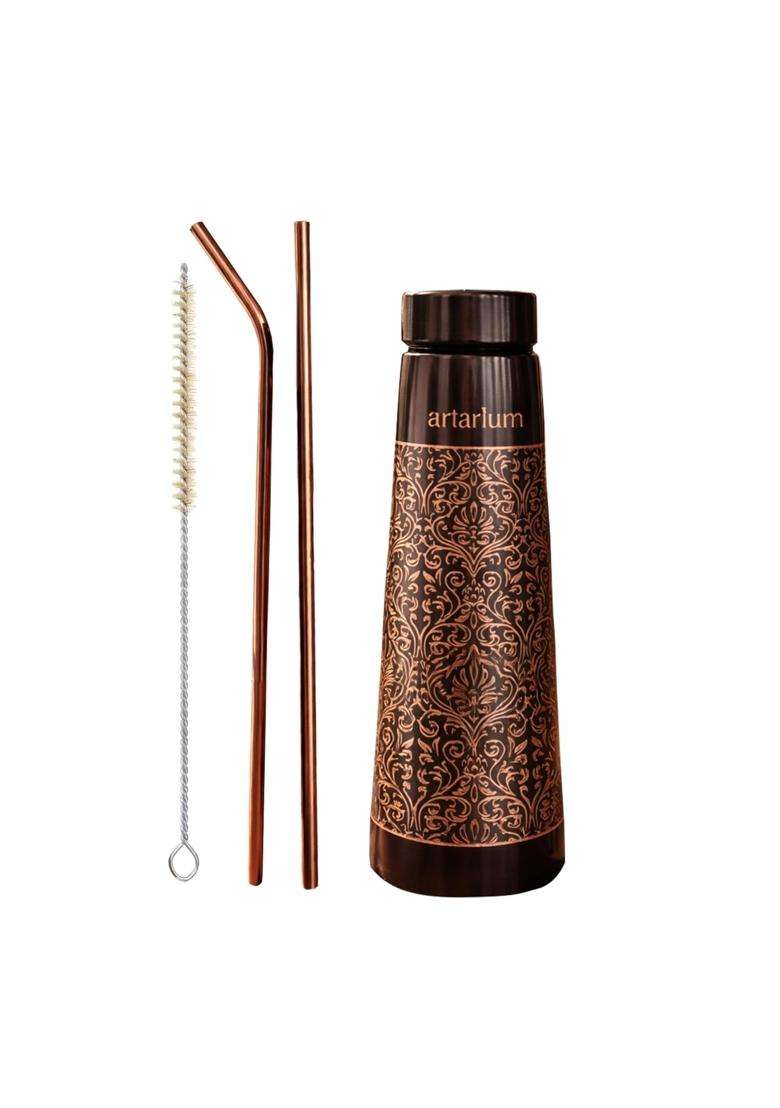 Artarium Antique Etched Copper Water Bottle with Straw Set | 1 L | 1.1 Qt | Leak Proof - Indya