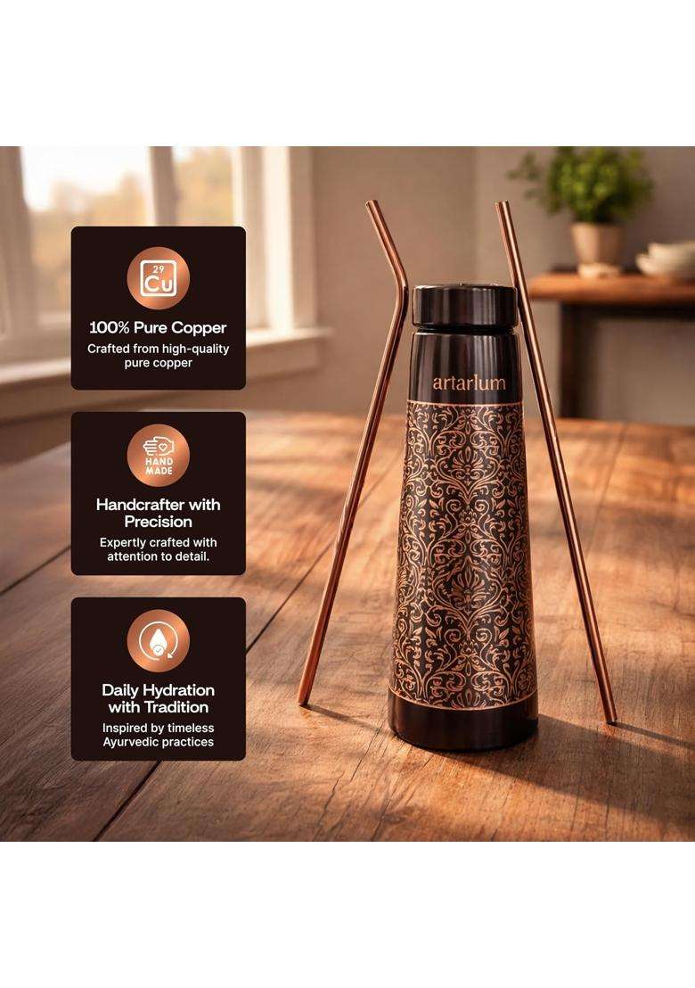 Artarium Antique Etched Copper Water Bottle with Straw Set | 1 L | 1.1 Qt | Leak Proof - Indya