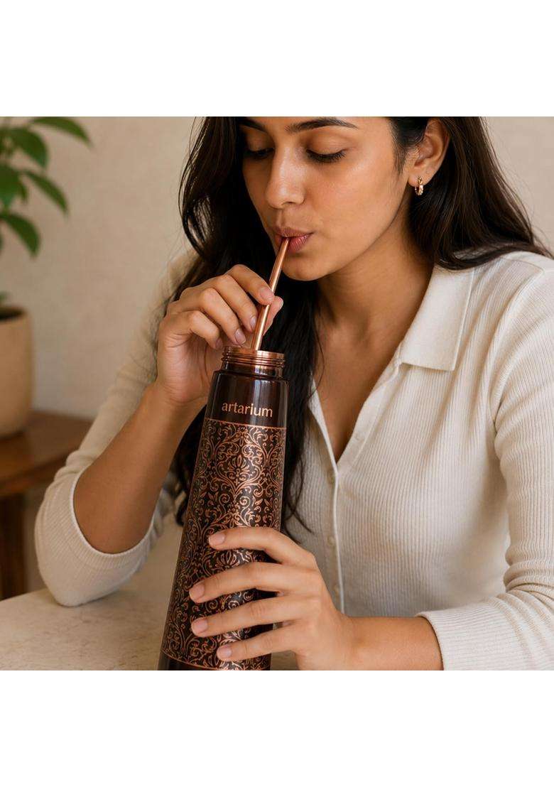 Artarium Antique Etched Copper Water Bottle with Straw Set | 1 L | 1.1 Qt | Leak Proof - Indya