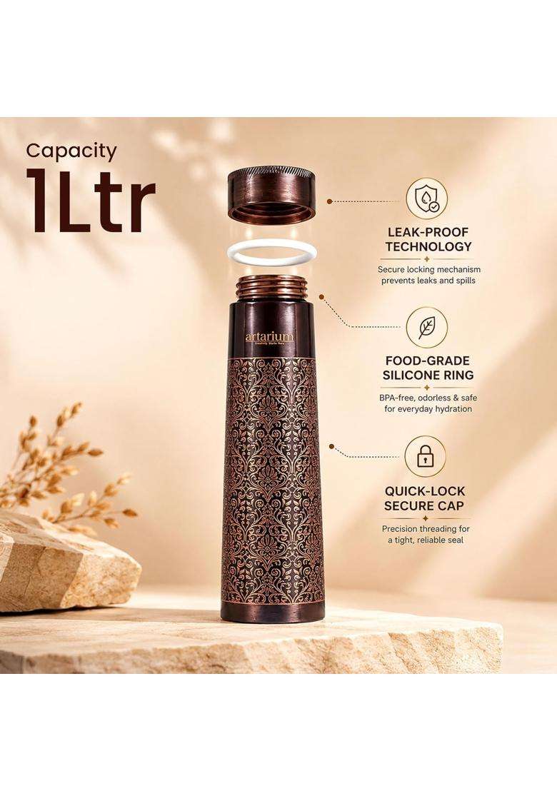 Artarium Antique Etched Copper Water Bottle with Straw Set | 1 L | 1.1 Qt | Leak Proof - Indya