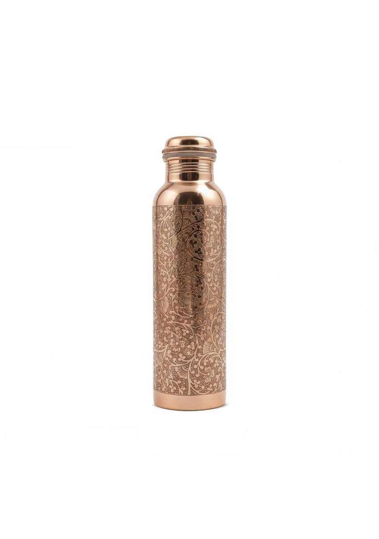 Adoko Pure Copper Water Bottle with Floral Etching Design | 1 L | 1.1 Qt | BPA Free | Non-Toxic | Leak Proof - Indya