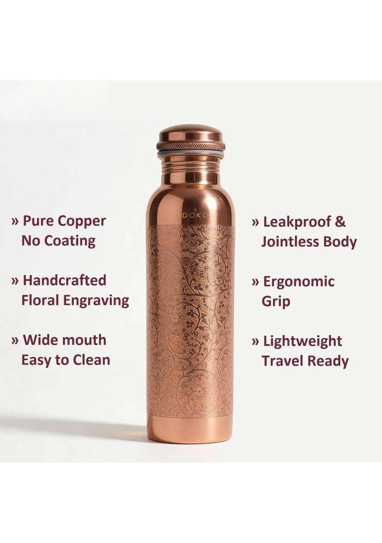 Adoko Pure Copper Water Bottle with Floral Etching Design | 1 L | 1.1 Qt | BPA Free | Non-Toxic | Leak Proof - Indya