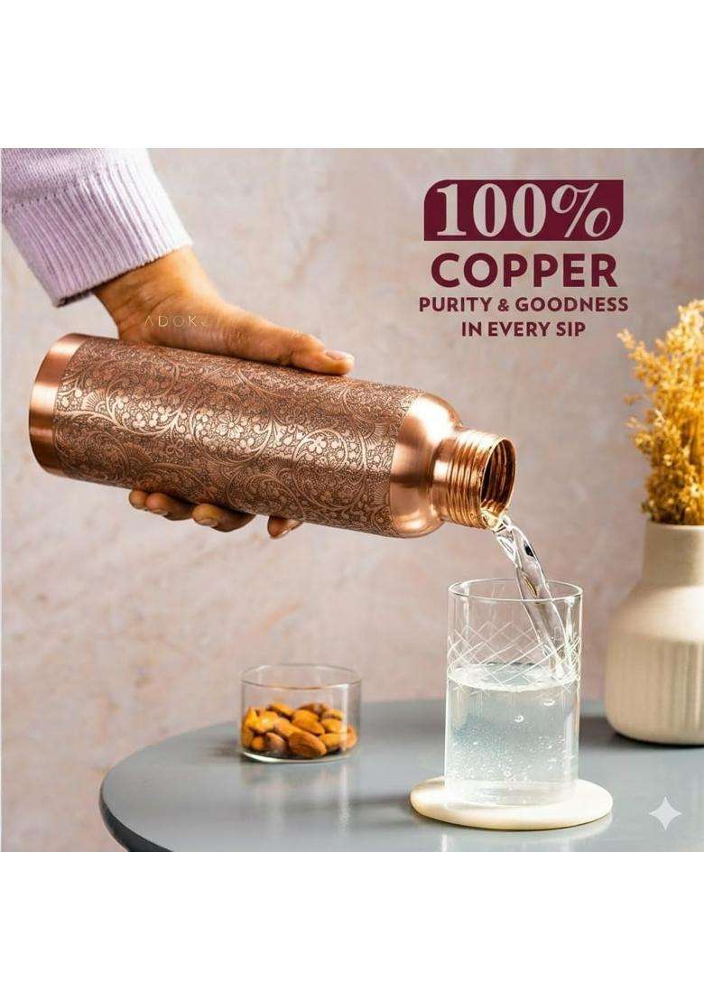 Adoko Pure Copper Water Bottle with Floral Etching Design | 1 L | 1.1 Qt | BPA Free | Non-Toxic | Leak Proof - Indya