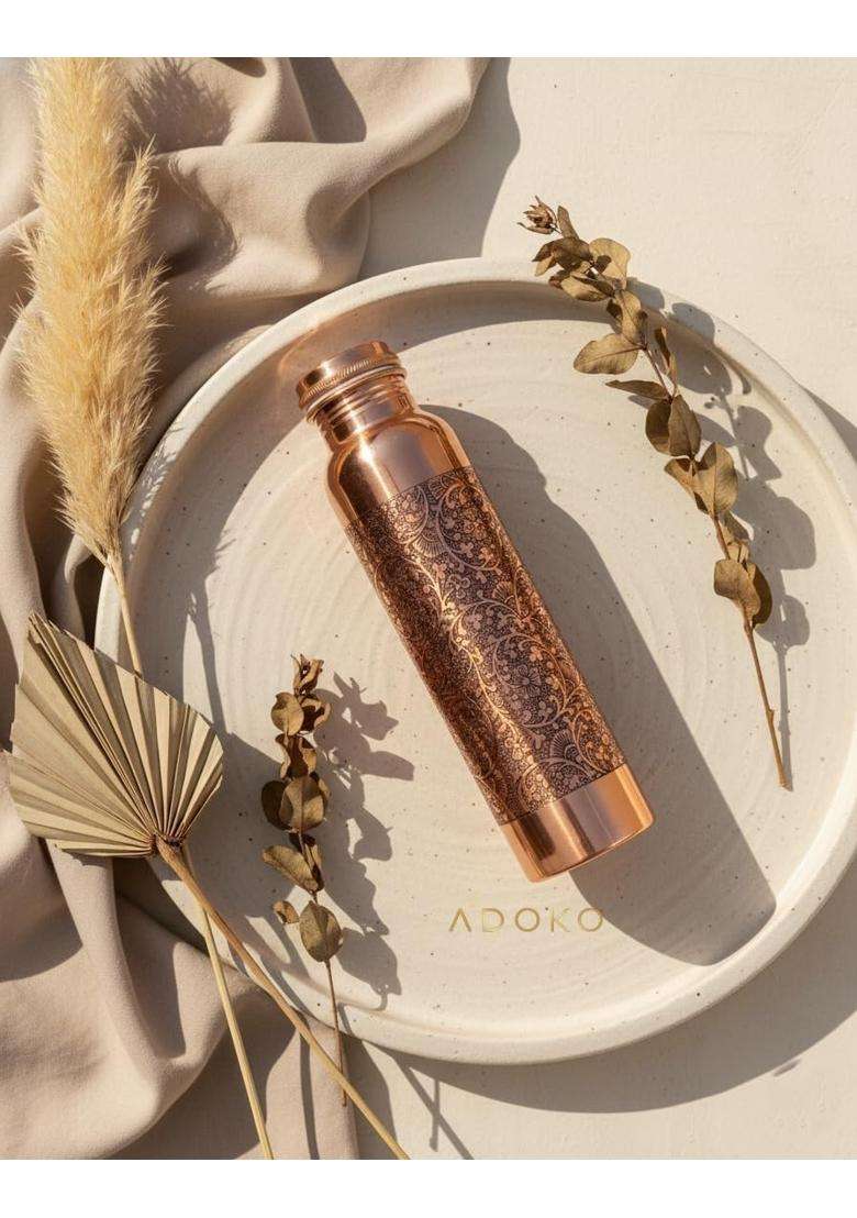 Adoko Pure Copper Water Bottle with Floral Etching Design | 1 L | 1.1 Qt | BPA Free | Non-Toxic | Leak Proof - Indya