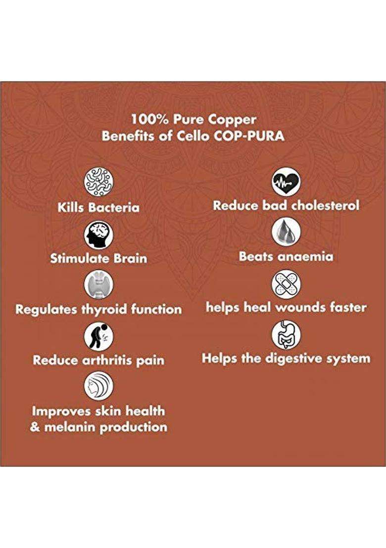 CELLO Cop- Pura Good Earth Copper Bottle | 1000 ml | 33.8 fl oz - Indya