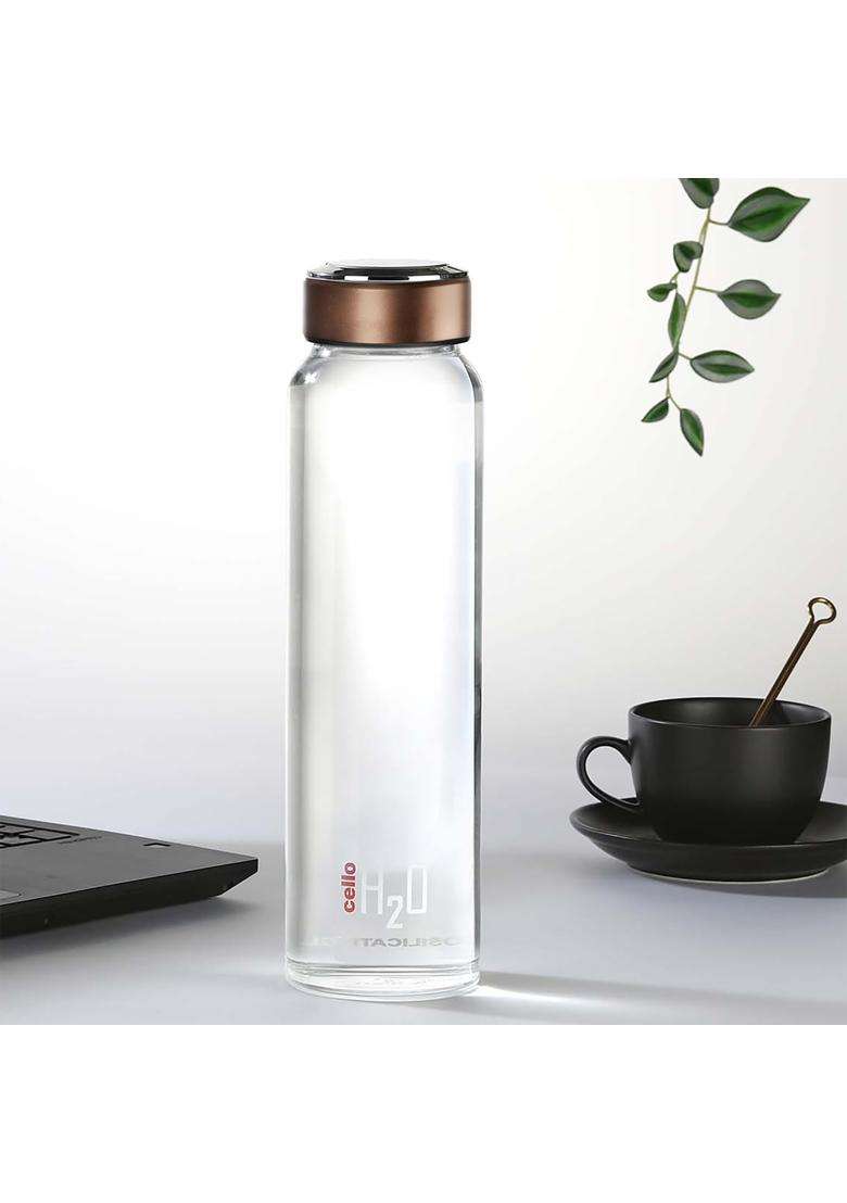 CELLO H2O Glass Water Bottle for Fridge Copper | 1000 ml | 33.8 fl oz | Dishwasher Safe | Lead Free | Microwave Safe - Indya