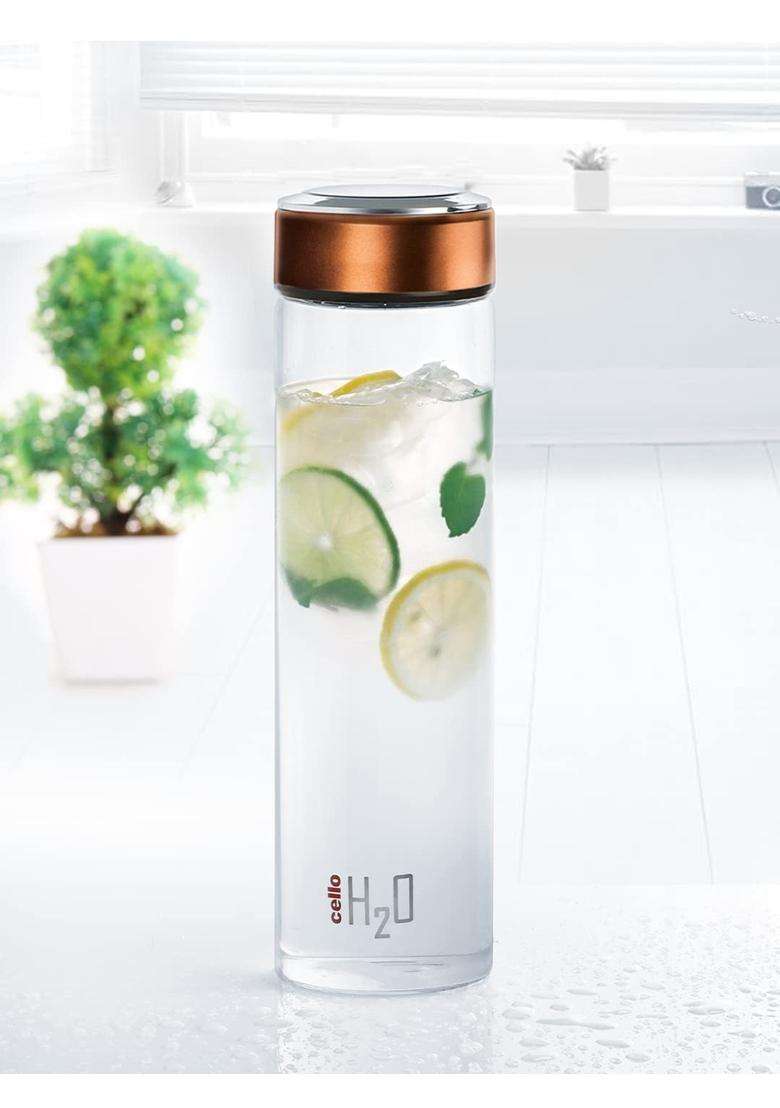 CELLO H2O Glass Water Bottle for Fridge Copper | 1000 ml | 33.8 fl oz | Dishwasher Safe | Lead Free | Microwave Safe - Indya