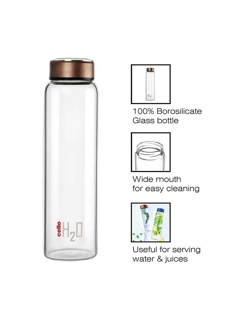 CELLO H2O Glass Water Bottle for Fridge Copper | 1000 ml | 33.8 fl oz | Dishwasher Safe | Lead Free | Microwave Safe - Indya
