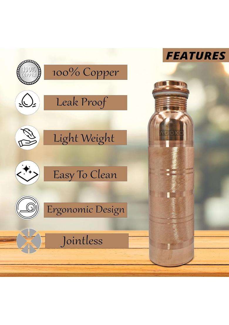 Adoko Pure Copper Bottles with Silver Touch Design | 1 L | 1.1 Qt | BPA Free | Non-Toxic | Leak Proof - Indya
