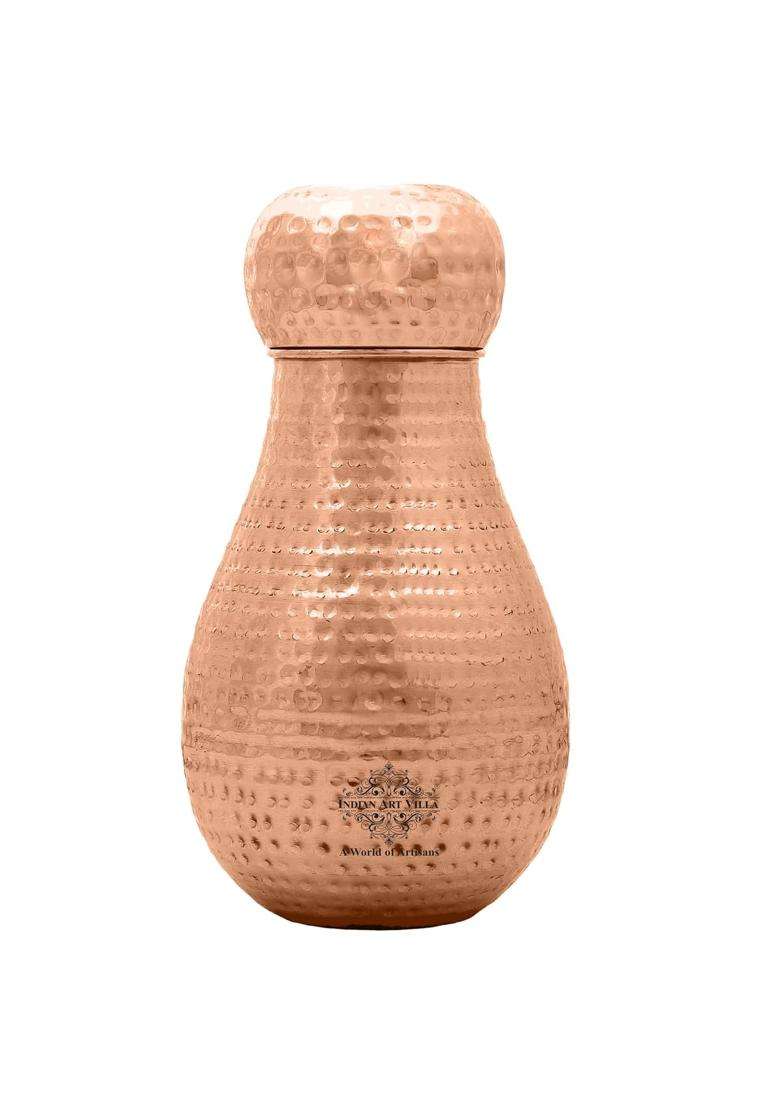 INDIAN ART VILLA Pure Copper Bedroom Water Bottle with Inbuilt Glass | 1600 ml | 54.1 fl oz | Hammered Finish - Indya