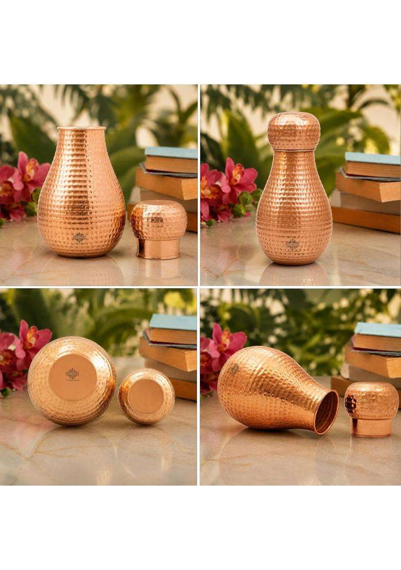 INDIAN ART VILLA Pure Copper Bedroom Water Bottle with Inbuilt Glass | 1600 ml | 54.1 fl oz | Hammered Finish - Indya
