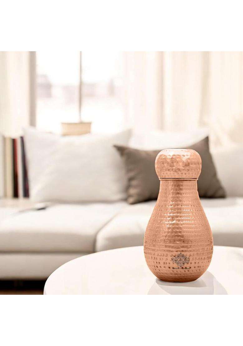INDIAN ART VILLA Pure Copper Bedroom Water Bottle with Inbuilt Glass | 1600 ml | 54.1 fl oz | Hammered Finish - Indya