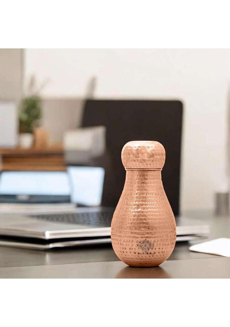 INDIAN ART VILLA Pure Copper Bedroom Water Bottle with Inbuilt Glass | 1600 ml | 54.1 fl oz | Hammered Finish - Indya