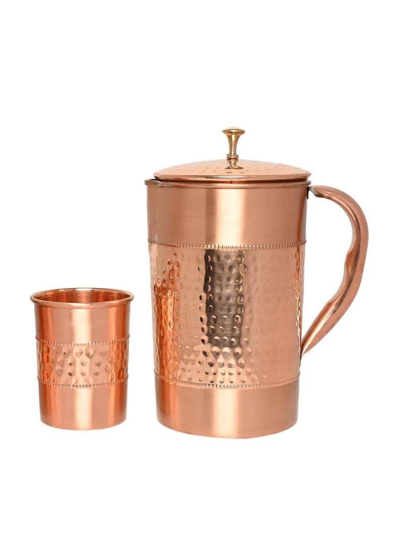 KC Pure Copper Hammered Water Jug with Glass Set | 1500 ml | 50.7 fl oz | 2-Piece Set - Indya