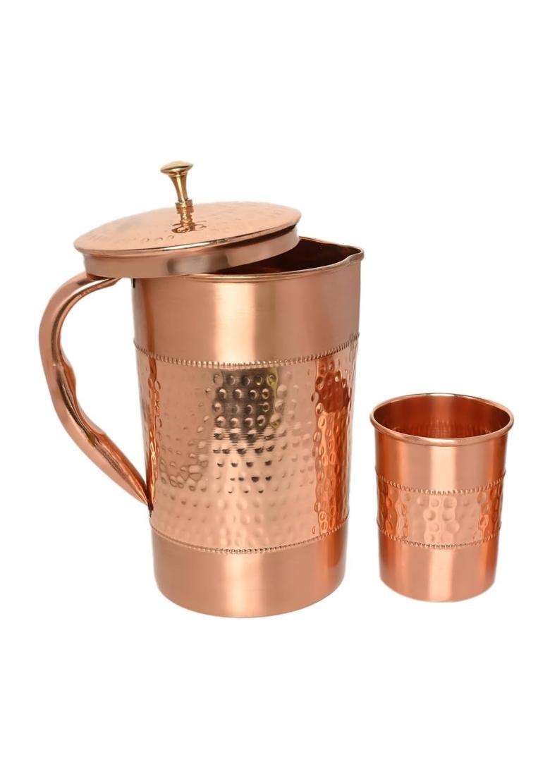 KC Pure Copper Hammered Water Jug with Glass Set | 1500 ml | 50.7 fl oz | 2-Piece Set - Indya