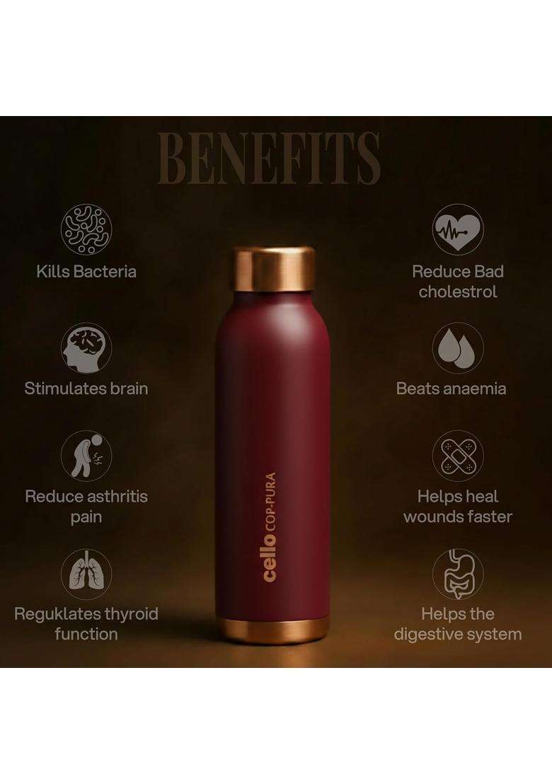 CELLO Evita Copper Water Bottle for Daily and Office Use | 1 L | 1.1 Qt | Leak Proof | Rust Resistant - Indya