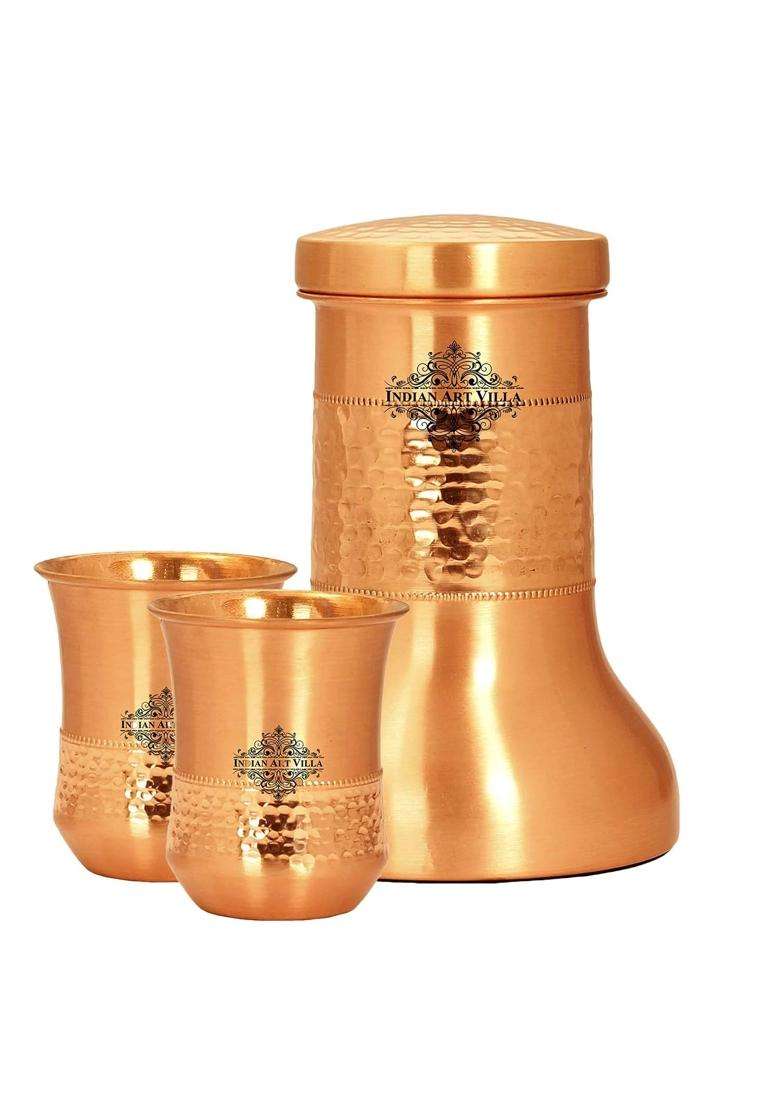 INDIAN ART VILLA Copper Designer Hammered and Smooth Bedroom Bottle with Copper Glasses | 1.2 L | 1.3 Qt | 2-Piece Set - Indya