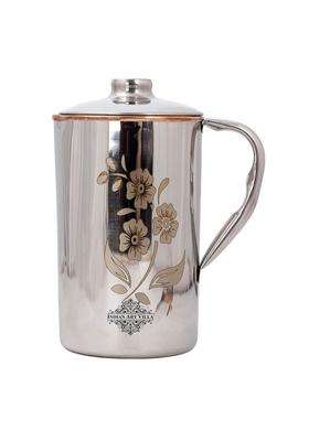 INDIAN ART VILLA Steel Copper Floral Design Jug Pitcher with Lid | 1000 ml | 33.8 fl oz