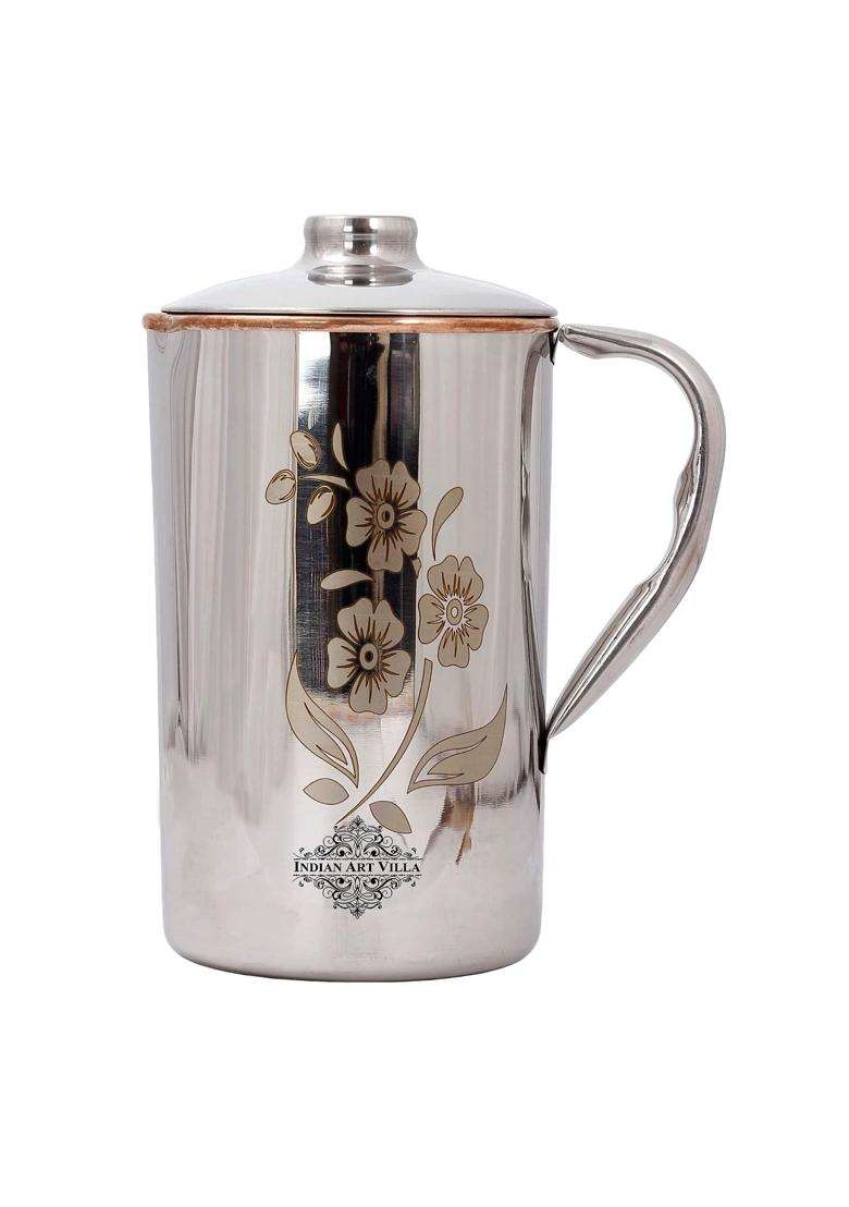 INDIAN ART VILLA Steel Copper Floral Design Jug Pitcher with Lid | 1000 ml | 33.8 fl oz - Indya